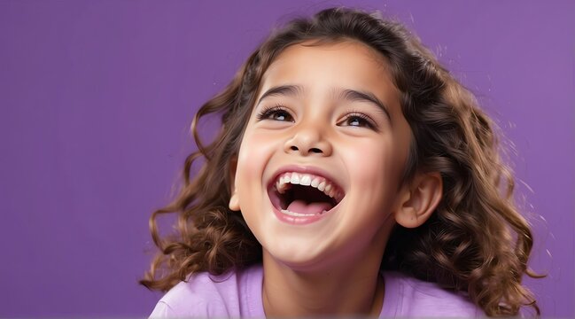 young middle eastern kids on plain bright purple background laughing hysterically looking at camera background banner template ad marketing concept from Generative AI