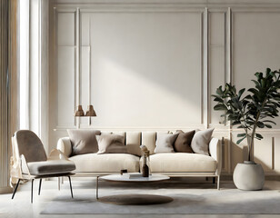 Contemporary white beige interior with wall panel, sofa and decor. 3d render illustration. Generative AI.