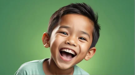 Fotobehang young indonesian child boy on plain bright green background laughing hysterically looking at camera background banner template ad marketing concept from Generative AI © sevenSkies