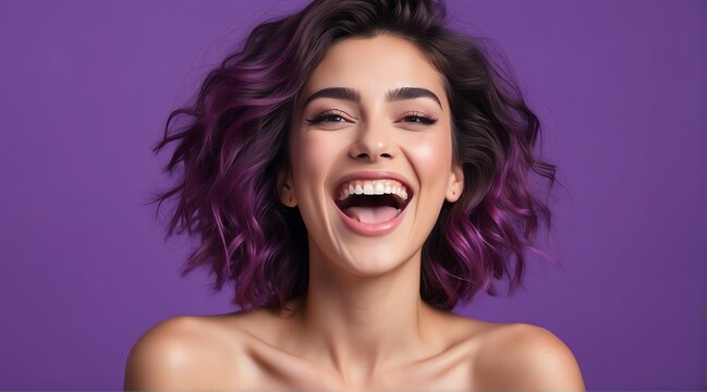 young italian woman on plain bright purple background laughing hysterically looking at camera background banner template ad marketing concept from Generative AI