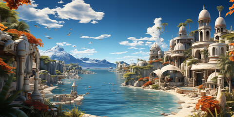 Fantasy landscape with mountains and lake. 3d render illustration.