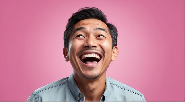 young filipino middle age man on plain bright pink background laughing hysterically looking at camera background banner template ad marketing concept from Generative AI