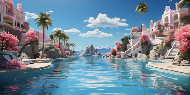 palm trees on the background of the sea, 3d render