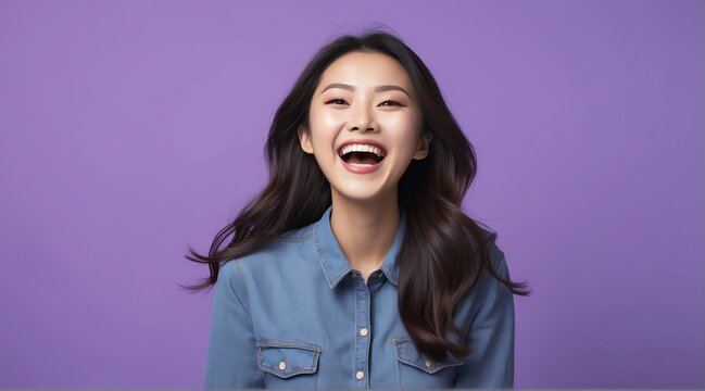 young asian woman on plain bright purple background laughing hysterically looking at camera background banner template ad marketing concept from Generative AI