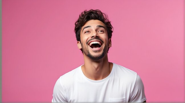 young italian man on plain bright pink background laughing hysterically looking at camera background banner template ad marketing concept from Generative AI