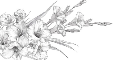 Using delicate glaliquillus sketch lines in a clipable vector style, this exquisite floral arrangement showcases a variety of gladiolus flower arrangements and elements. - obrazy, fototapety, plakaty