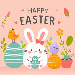 Cute Easter greeting card. White rabbit, colorful eggs, flowers and bird. Happy Easter theme. Hand drawn vector illustration.