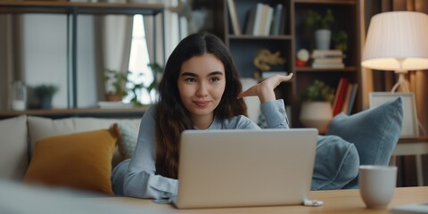 Lovely Real Latina Woman Using a Laptop to Watch a Video Lesson while Working at a Desk in a Cozy Living Room. Student Conducting Remote Study. Converse with pals on social media. - obrazy, fototapety, plakaty