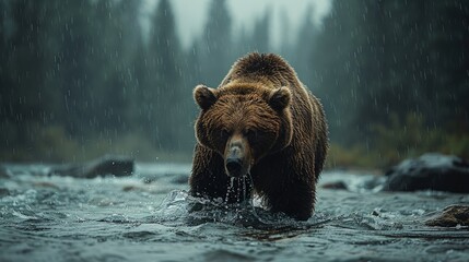 A Kodiak bear, a brown bear, is crossing a river in the rain through the water