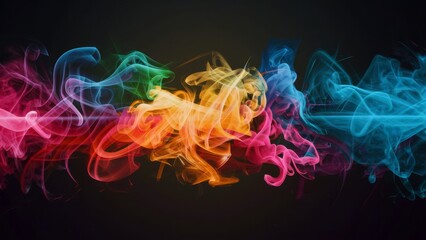 colorful smoke swirling and billowing against a dark background, featuring an array of vivid hues blending and intertwining in abstract patterns