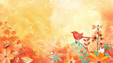 Colorful abstract floral background with a red bird and various flower illustrations on an orange backdrop.