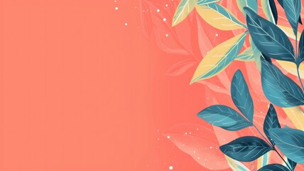 Elegant illustration of green and yellow leaves on a soft coral background with artistic white speckles.