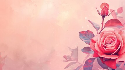 A romantic pink background featuring a blooming rose with soft glow and bokeh effect.