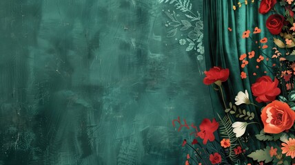 An artistic background with deep green textures and vibrant red flowers adorning one side.