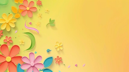 Colorful paper flowers with a gradient yellow background for spring-themed design.