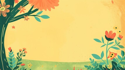 A colorful floral illustration on an aged yellow background with space for text in the center.