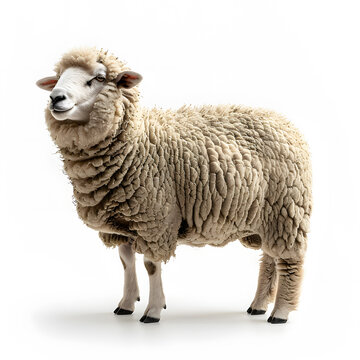 A terrestrial animal, the sheep is standing on a white background, gazing directly at the camera. Its fur is fluffy and its snout is prominent on this working animal