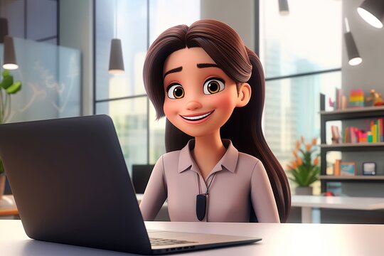 Confident young woman cartoon in smart casual wear working on laptop while sitting near window in creative office, restaurant or cafe. Generative AI.