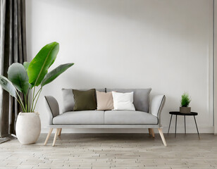 Interior wall mockup with empty white wall, gray sofa, beige pillows and green plant in vase. Generative AI.