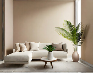 Interior wall mockup with soft minimalist living room in warm beige neutrals with curved low. Generative AI.