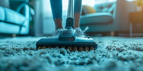Efficiently using a carpet cleaner to maintain and cleanse a carpet. Concept Carpet cleaning tips, Equipment maintenance, Stain removal techniques - obrazy, fototapety, plakaty