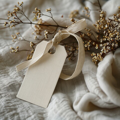Blank Canvas Tag with Dried Flowers and Textile Background