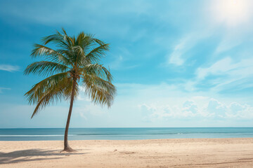 tropical beach with palm trees. Sunny summer day. Summer vacation and travel concept.