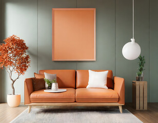 Living room have orange leather sofa and decoration minimal on two tone wall.3d rendering. Generative AI.