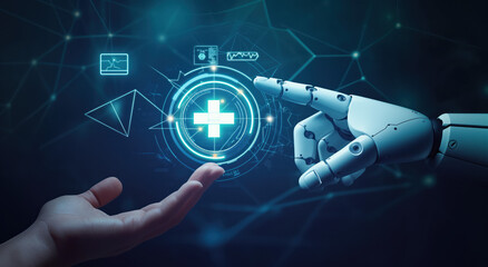 Robot hand ai artificial intelligence assistance for medical healthcare practices. Health AI and technology concept.