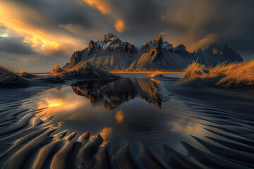 Vestrahorn mountaine on Stokksnes cape in Iceland during sunset with reflection.