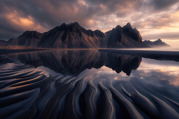 Vestrahorn mountaine on Stokksnes cape in Iceland during sunset with reflection. - obrazy, fototapety, plakaty