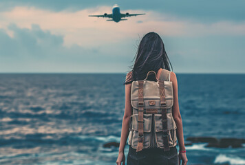 Woman with backpack ready for new destination. 
Travel and vacation concept.
