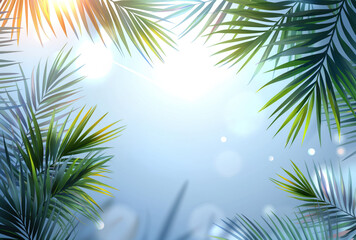 Fototapeta na wymiar Summer vacation and travel concept. Palm leaf of tree at sides and empty space in the center. Blue and green tones.