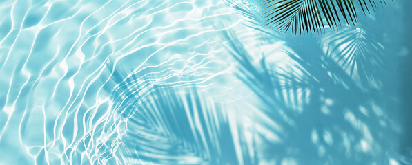 Summer vacation and travel concept. Shadow of a palm tree on water. Empty space for advertisement 