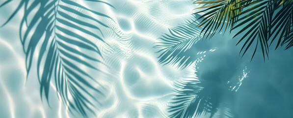 Summer vacation and travel concept. Shadow of a palm tree on water. Empty space for advertisement 
