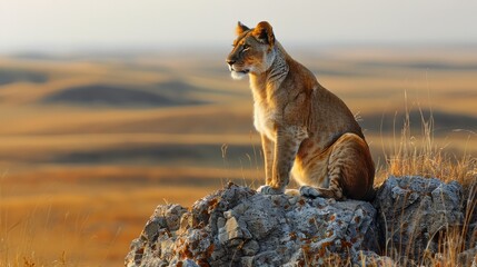 a lioness is sitting on top of a rock in the desert