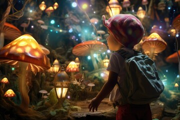 Fototapeta na wymiar A young boy stands in awe in front of a vast forest filled with unique and colorful mushrooms, sparking a sense of wonder and adventure. Generative AI