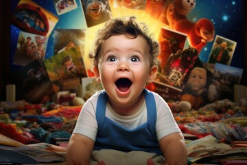 A curious little boy sits atop a cozy bed, lost in his thoughts and dreams, baby with surprising expression. Generative AI