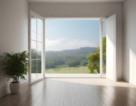Minimal style modern white empty room with open sliding door to terrace 3d render overlookin. Generative AI.