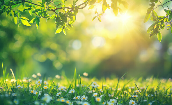 Summer and spring background concept. Beautiful meadow field with fresh grass and yellow dandelion flowers.