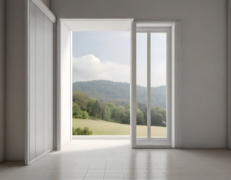 Minimal style modern white empty room with open sliding door to terrace 3d render overlookin. Generative AI.