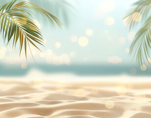 Fototapeta na wymiar Summer vacation and travel concept. Palm trees both sides, sand and sea. Blurred (bokeh) back ground.
