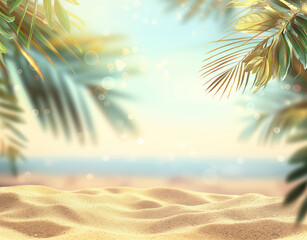 Summer vacation and travel concept. Palm trees both sides, sand and sea. Blurred (bokeh) back ground.