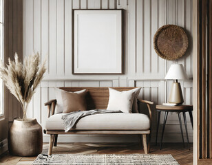 Mockup frame in farmhouse living room interior, 3d render. Generative AI.