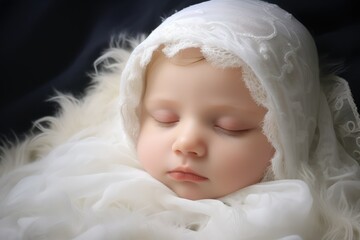 A cherubic baby in a white bonnet and dress radiates innocence and purity. Generative AI