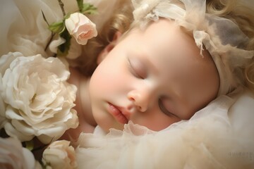Obraz na płótnie Canvas A cherubic baby peacefully sleeps in a white dress adorned with delicate flowers. Generative AI