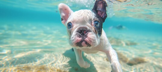 Playful dog dives underwater in summer vacation fun  closeup shot of pet swimming