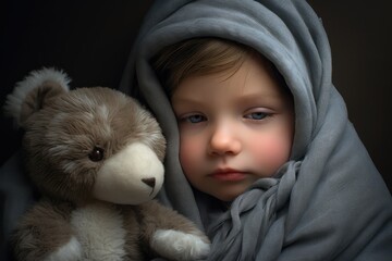 A little boy lovingly wraps his teddy bear in a cozy blanket, creating a heartwarming scene of comfort and care. Generative AI
