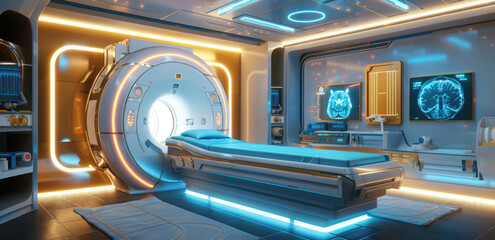 Futuristic hospital with Magnetic resonance imaging scan or MRI machine device. blue tones.	

