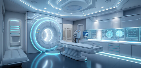 Futuristic hospital with Magnetic resonance imaging scan or MRI machine device. blue tones.	 - obrazy, fototapety, plakaty